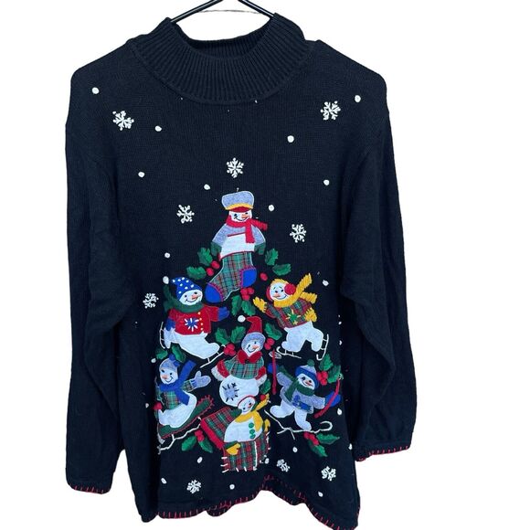 Vintage Christmas Sweater Womens Extra Large XL Black Snowman Embroidered 3D - Picture 1 of 12
